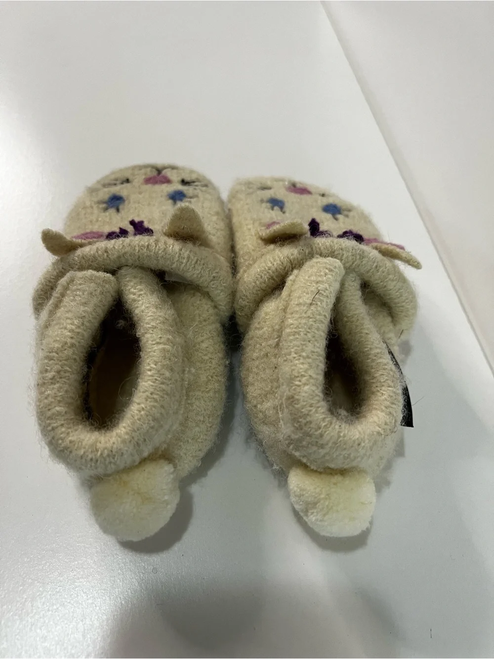 Garnet Hill Baby Boiled Wool Bunny Slippers Cream Embroidered Animal House Shoes